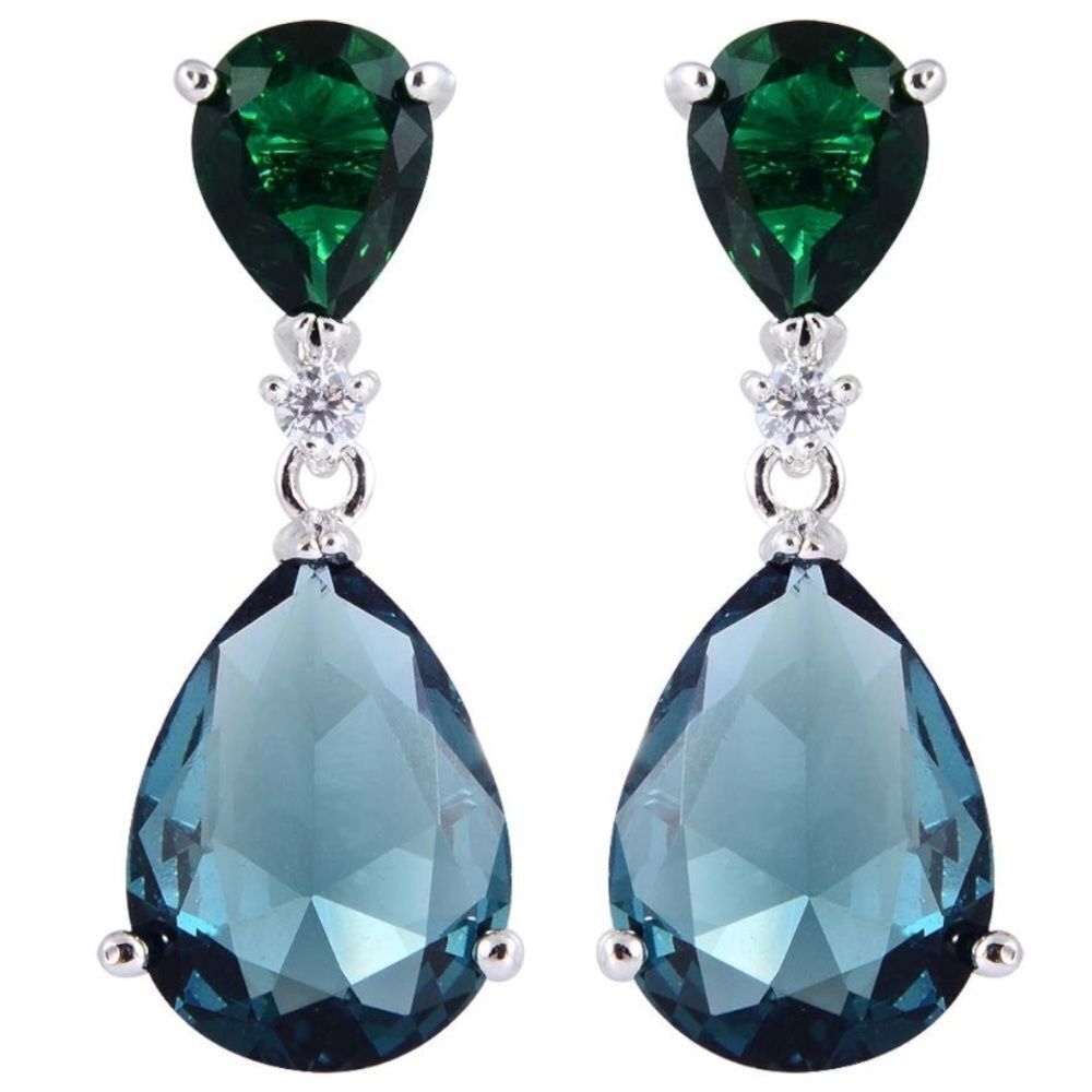 18K White Gold with Emerald Green and Blue Sapphire Cubic Zirconia Post Earrings